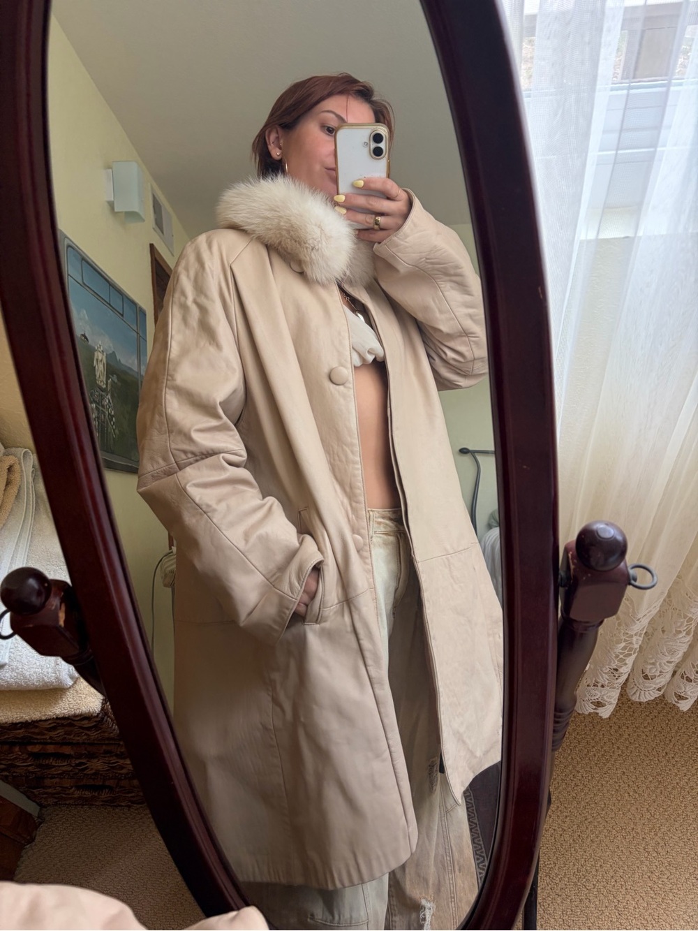Vintage Jacobson’s Made-in-USA genuine soft leather coat, real white fox fur